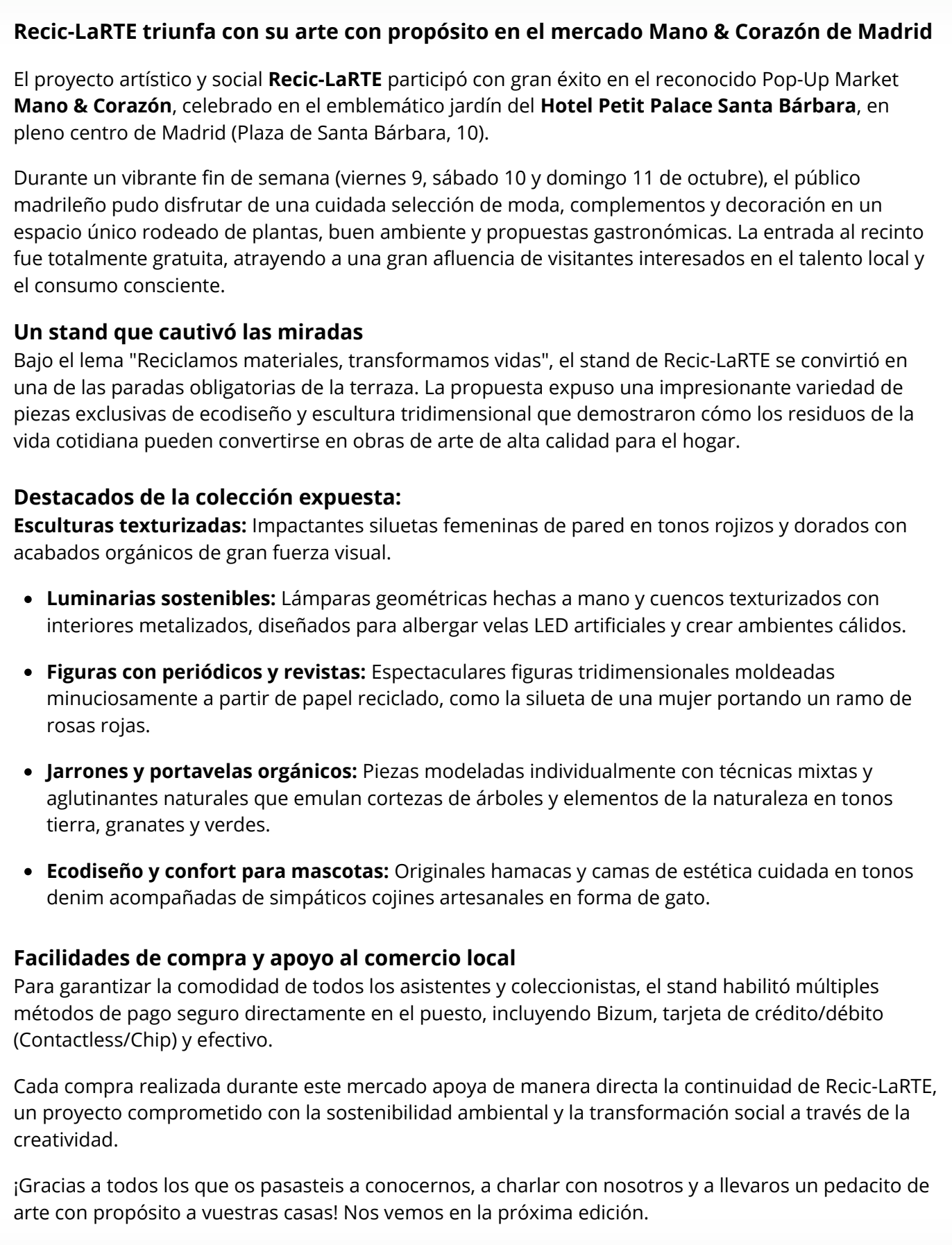 RECIC-LaRTE triunfa con su arte con propósito en el mercado Mano & Corazón de Madrid — página 1